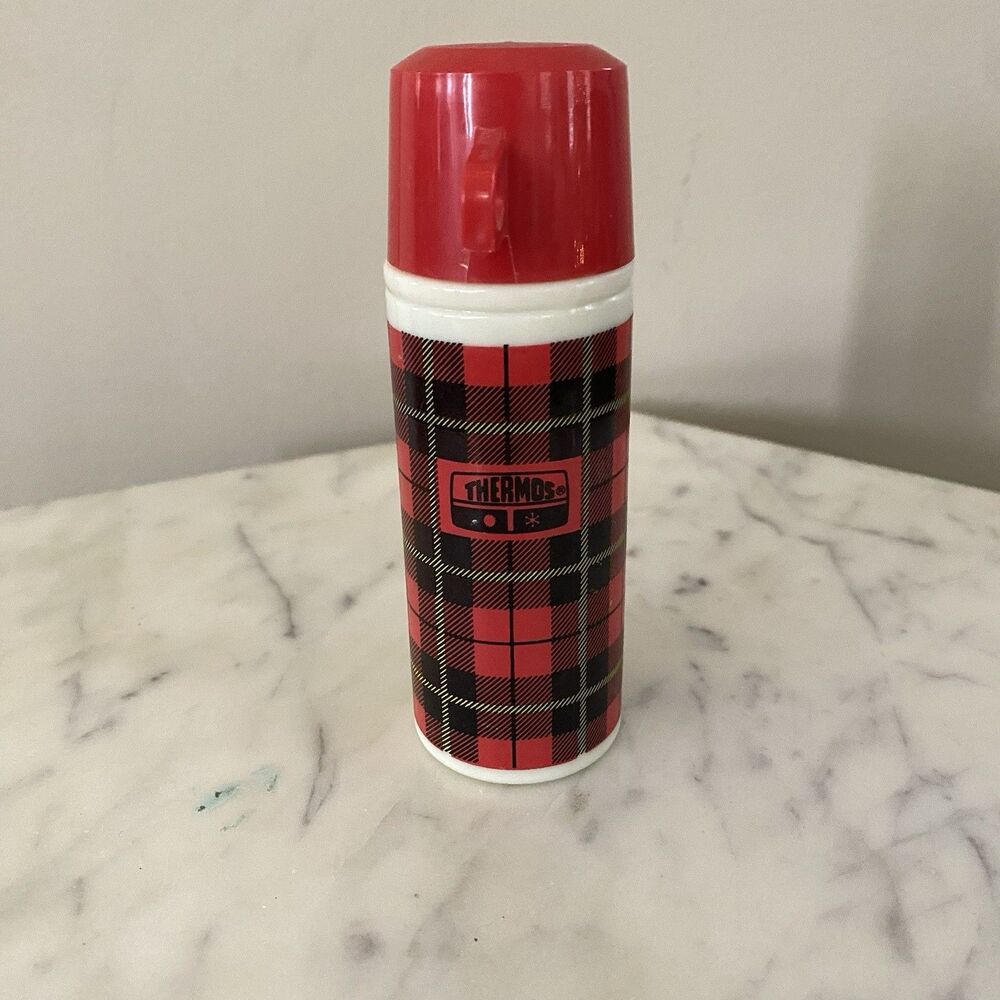 Avon Red Plaid Thermos Glass Bottle 80s Vintage Avon Cologne Bottle Tartan 5”